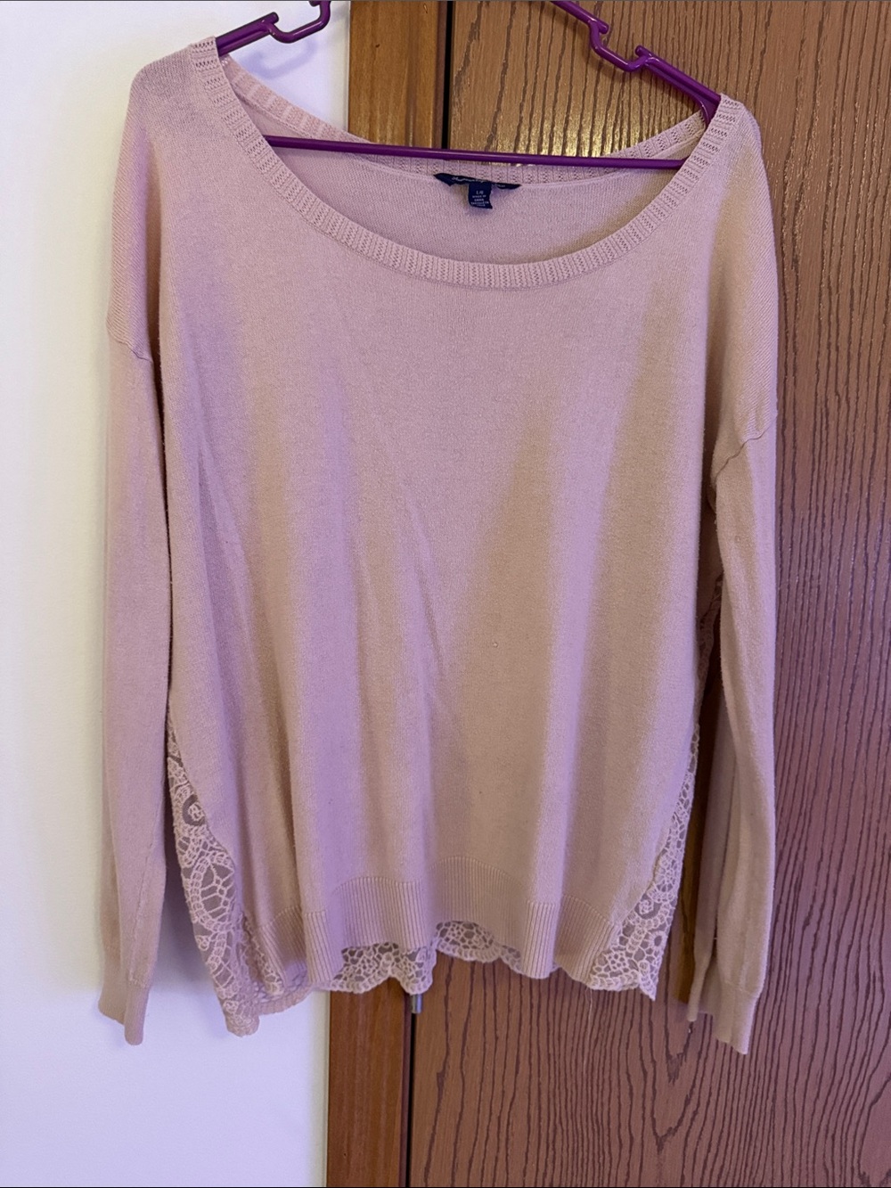 American Eagle Outfitters Light Pink Scoop Neck Sweater with Lace Trim